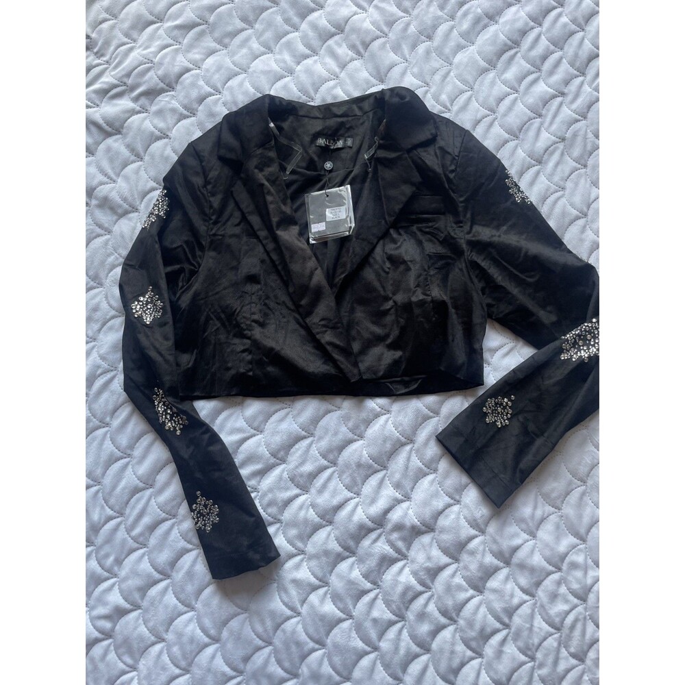 Balboa Women’s Large L Black Crop Top Long Sleeve Wrap Collared Pockets
